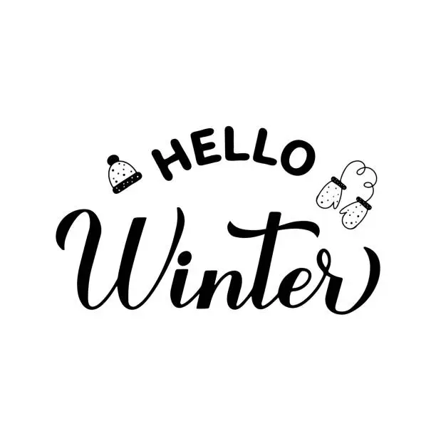 Vector illustration of Hello winter calligraphy hand lettering. Inspirational seasonal quote. Vector template for typography poster, banner, flyer, sticker, etc