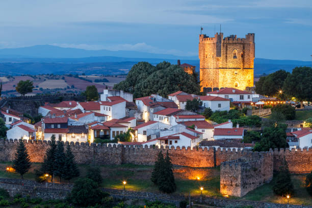 Partial view, at dusk, of the medieval citadel and the castle of Bragança in Portugal. stock photo