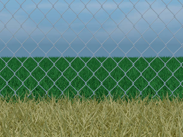 3D illustration of greener grass on the other side of a chain link fence with a partially cloudy blue sky in the background.