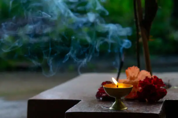 lamp or diya and incense sticks as an offering to god for worship, Hinduism, Prayer, Indian Culture
