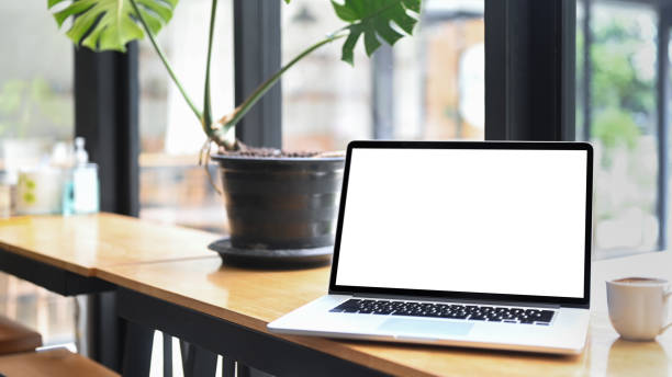 istock Computer laptop, coffee cup and houseplant on wooden table. 1351600285