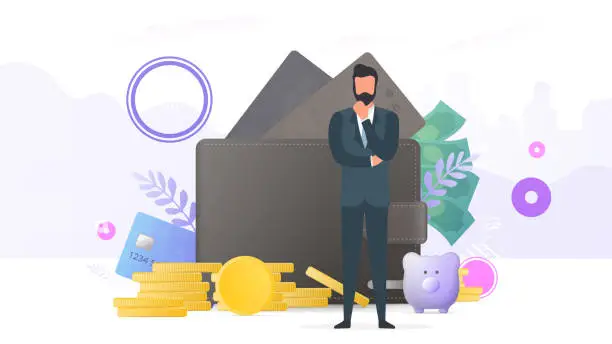 Vector illustration of Successful businessman. Big wallet, credit card, gold coins, dollars. Concept of profit, cashback or wealth. Banner on the theme of finance. Vector.