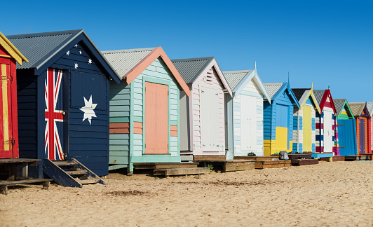 Melbourne - Brighton Beach Lined with colourful, Victorian bathing boxes, this popular beach provides restrooms.
