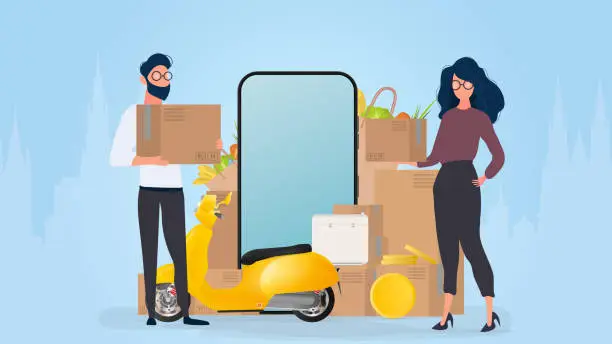 Vector illustration of Collage on the theme of delivery. The girl and the guy are holding boxes. Yellow scooter with food shelf, telephone, gold coins, cardboard boxes, paper grocery bag.