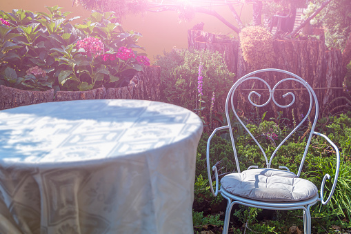 White metal iron chair and table outdoors. Retro styled furniture in magic green summer garden, symbols of Alice in Wonderland