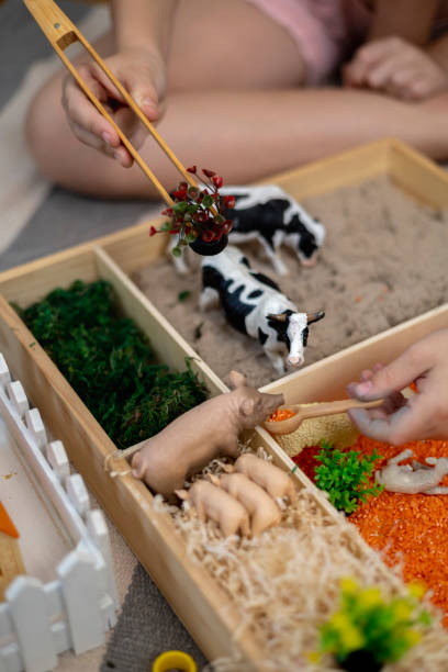 istock Touch drawer with rainbow rice inside. Children hand touch the texture. Montessori material concept for toddlers. 1351603702