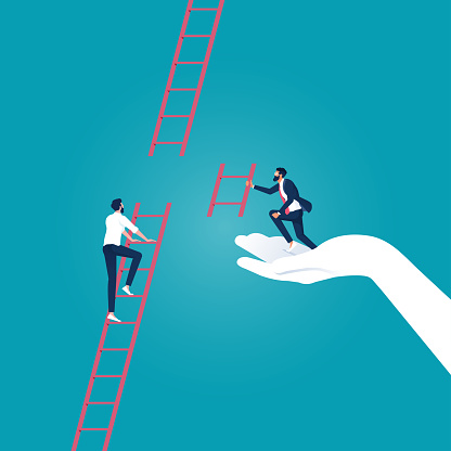 Helping hand, business support to reach career target or success, businessman climbing up to top of broken ladder with partner to connect to reach higher