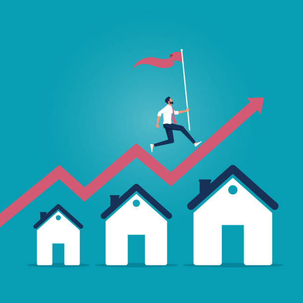 Real estate investment or property growth concept Housing price rising up, real estate investment or property growth concept, businessman holding flag running on rising house graph estate stock illustrations