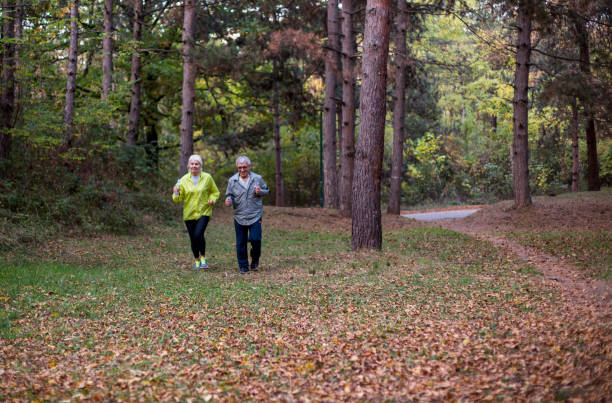 istock Senior couple jogging in a forest 1351605381