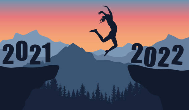 Silhouette of jumping girl over chasm between rocks on background of mountains with forest. Transition from 2021 to 2022, new year. Vector illustration Silhouette of jumping girl over chasm between rocks on background of mountains with forest. Transition from 2021 to 2022, new year. Vector illustration girl silouette forest illustration stock illustrations