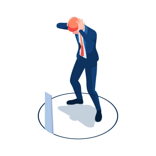 istock Isometric Businessman Worried About Saw Cutting The Floor Beneth Him 1351605399