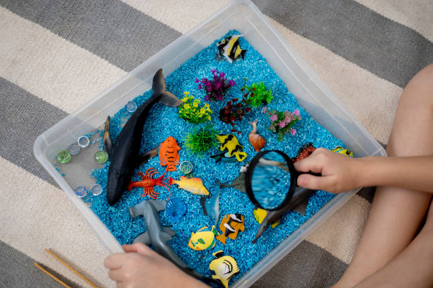 istock Touch drawer with rainbow rice inside. Look through a magnifying glass. Montessori material concept for toddlers. 1351607509