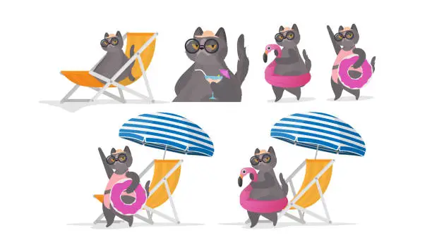 Vector illustration of Set of funny cat stickers with a pink circle for swimming. Deckchair, umbrella. Cat in glasses and a hat. Good for stickers, cards and t-shirts. Funny banner on the theme of summer. Vector.