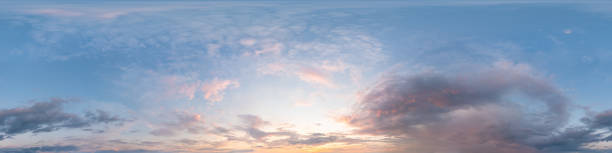 istock Dark blue sunset sky panorama with Cirrus clouds. Seamless hdr pano in spherical equirectangular format. Complete zenith for 3D visualization, game and sky replacement for aerial drone 360 panoramas 1351608771