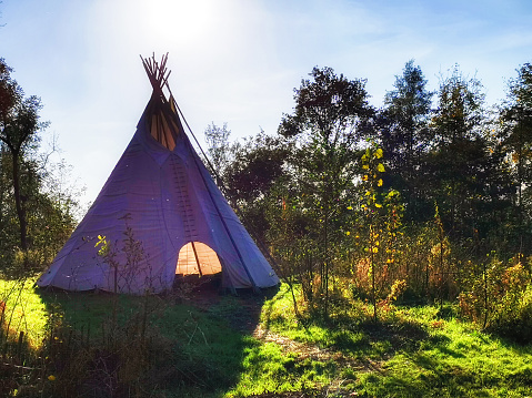 Native American tipi tent set in forest area.