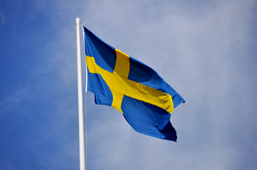 Flag of Sweden on a pole waving in wind