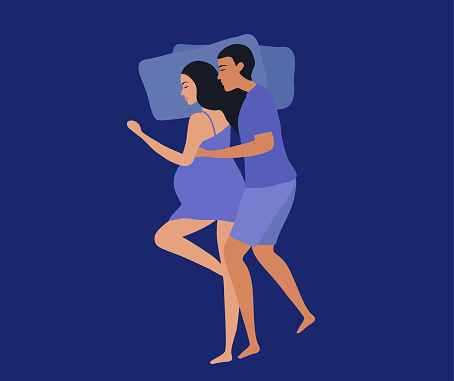 Pregnant woman sleeping on bed with her husband vector illustration. Pregnancy, motherhood and love relationship concept