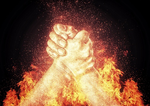 3D illustration that combines the effect of fire with the gesture of holding hands