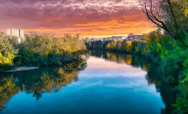 Pisuerga River as it passes through the city of Valladolid, Spain