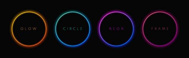 Blue, red-purple, green illuminate frame collection design. Abstract cosmic vibrant color circle backdrop. Top view futuristic style. Set of glowing neon lighting on dark background with copy space. vector art illustration