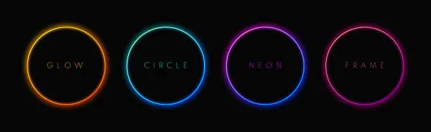 Vector illustration of Blue, red-purple, green illuminate frame collection design. Abstract cosmic vibrant color circle backdrop. Top view futuristic style. Set of glowing neon lighting on dark background with copy space.