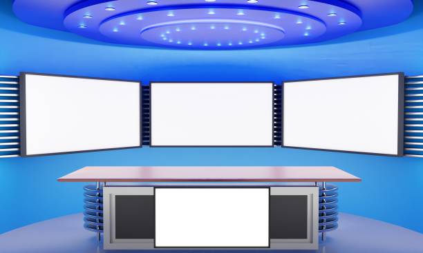 istock white table and lcd screen background in a news studio room.3d rendering. 1351622913