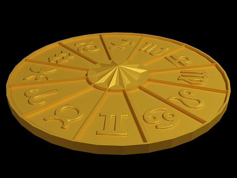 The golden circle of the zodiac in black space. 3D render. Yellow with a metallic luster circle with zodiacal constellations.