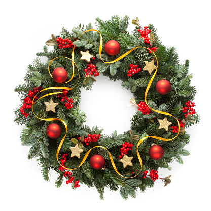 Christmas wreath on white background.