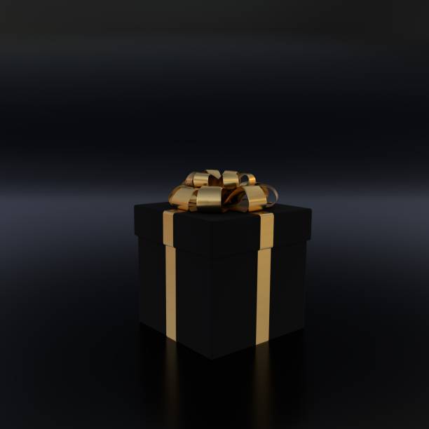 istock Black Box with Gold Ribbon on Black Background. Events Gift Design. 3D Render 1351630010