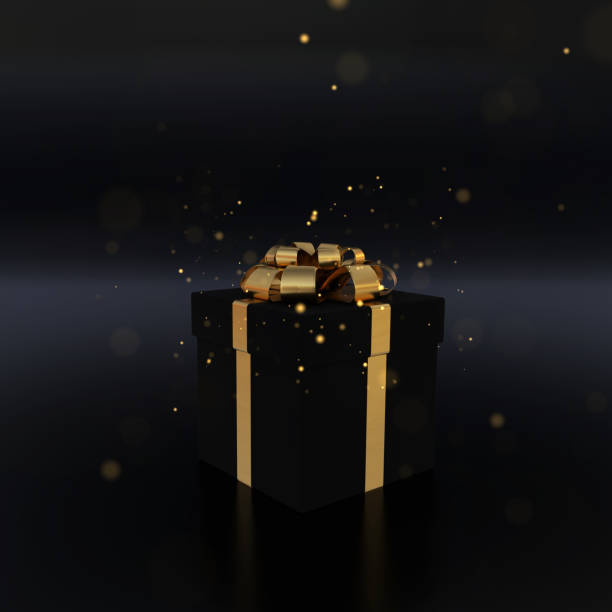 istock Black Box with Gold Ribbon on Black Background. Events Gift Design. 3D Render 1351630024