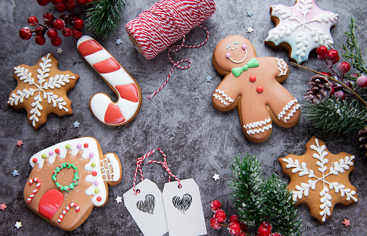 Christmas gingerbread cookies  on a dark background.  Homemade delicious Christmas gingerbread