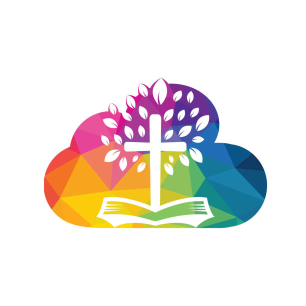 Bible Cross Tree Church Logo Design. Christianity church tree logo design. protestantism stock illustrations