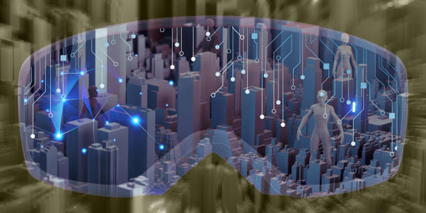 istock Virtual reality The Metaverse world through VR camera view Cities and people in a simulated world 3D illustration 1351636410