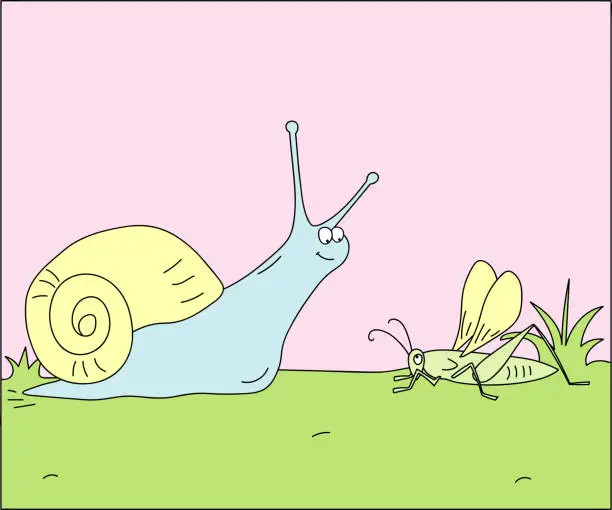 Vector illustration of children's doodle illustration where a grasshopper stands with a snail