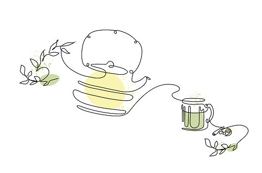 Continuous line drawing of a Teapot, tea cup and lemon with fresh trendy colored spots. Green tea with leaves. Vector illustration for cafe, menu, print or wall art. Tea time