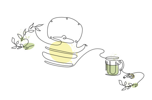 Continuous line drawing of a teapot, tea cup and lemon with pastel colored spots. Continuous line drawing of a Teapot, tea cup and lemon with fresh trendy colored spots. Green tea with leaves. Vector illustration for cafe, menu, print or wall art. Tea time afternoon tea stock illustrations