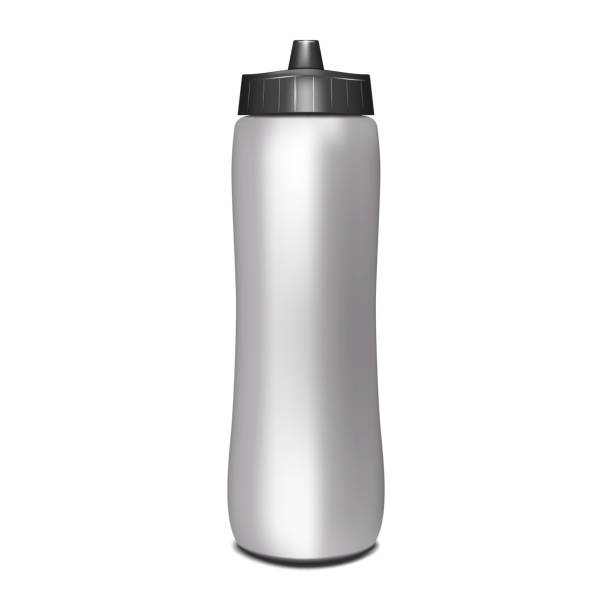 illustrazioni stock, clip art, cartoni animati e icone di tendenza di bottiglia d'acqua grigio argento isolata con tappo nero. mockup vettoriale realistico. modello di fiaschetta sportiva fitness vuota - insulated drink container bottle container white background