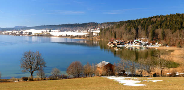 The lake of Saint-point The lake of Saint-point in the Jura, seized by winter and with snow-capped shores jura france stock pictures, royalty-free photos & images
