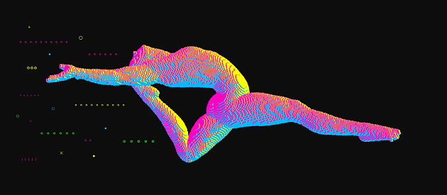 Gymnast performing an element of rhythmic gymnastics, jumping or making a jump in the air. Voxel art. 3D vector illustration for icon health and fitness community.