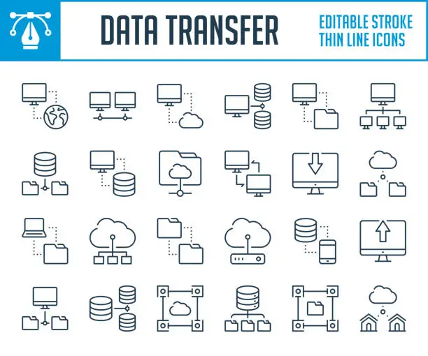 Vector illustration of Data transfer and Network connection thin line icons. Online hosting service, File management and migration outline icon set. Editable stroke icons.