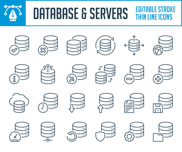 데이터베이스 및 서버 설정 씬 선 아이콘. 온라인 저장소, 호스팅 및 파일 네트워크 개요 아이콘 집합입니다. 편집 가능한 스트로크 아이콘입니다. - data base symbol computer icon stock illustrations