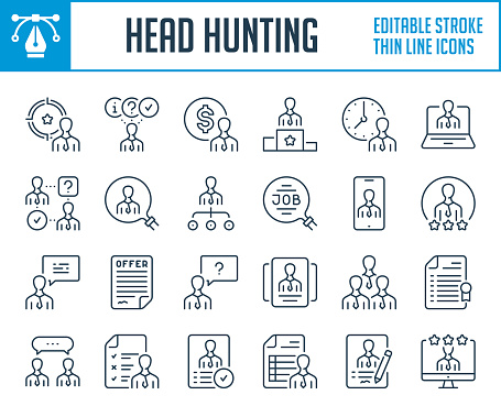 Head hunting and Job offer thin line icons. Recruitment and Career outline icon set. Editable stroke icons.