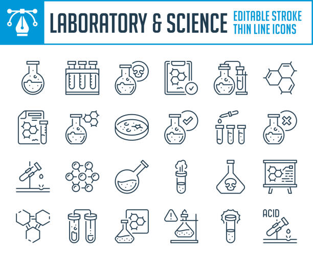 иконки тонких линий лаборатории и науки. набор иконок химии и лабораторного оборудования. редактируемые значки обводки. - laboratory laboratory equipment chemistry science stock illustrations