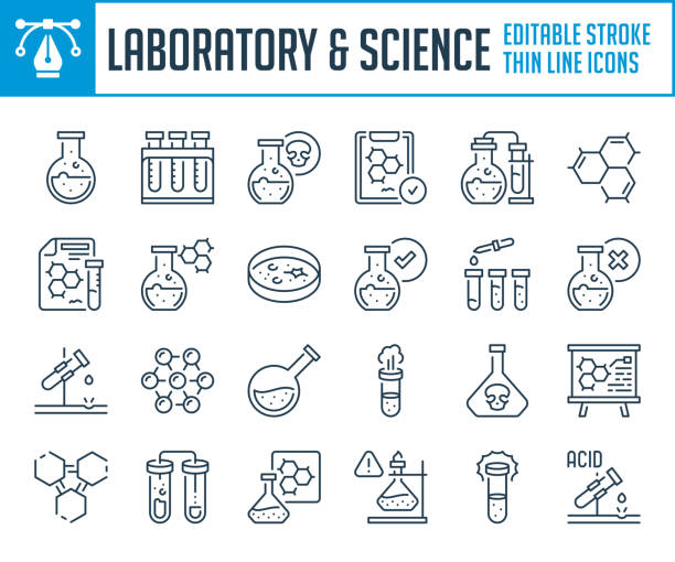 Laboratory and Science thin line icons. Chemistry and Lab equipment outline icon set. Editable stroke icons. Laboratory and Science thin line icons. Chemistry and Lab equipment outline icon set. Editable stroke icons. science lab stock illustrations