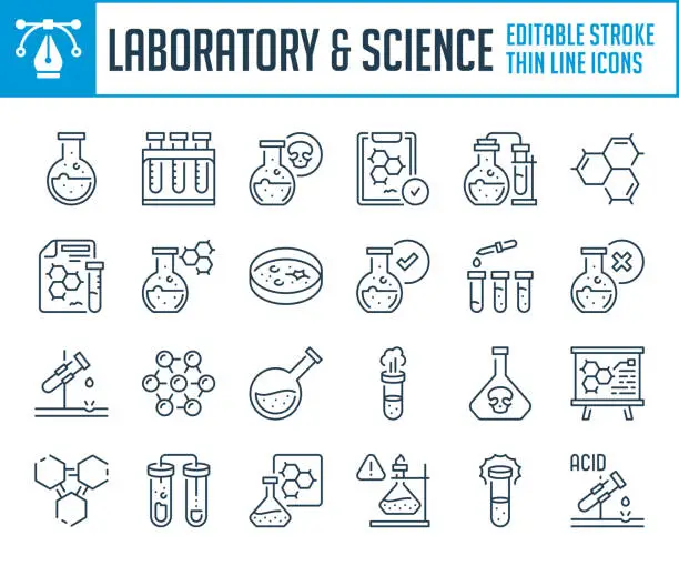 Vector illustration of Laboratory and Science thin line icons. Chemistry and Lab equipment outline icon set. Editable stroke icons.