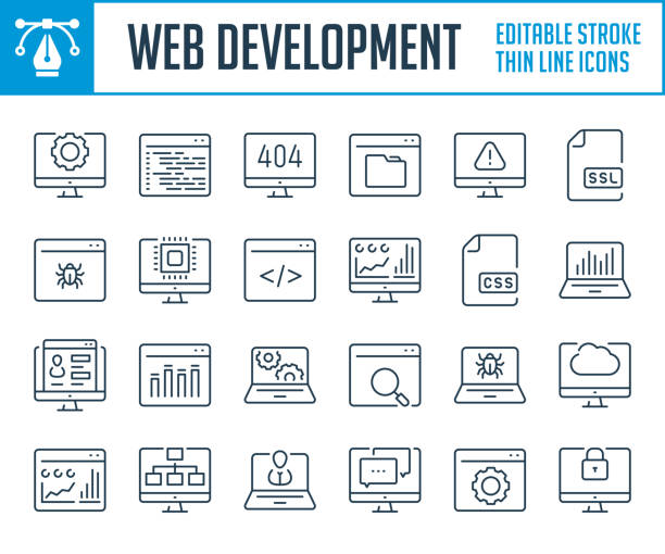 ilustraciones, imágenes clip art, dibujos animados e iconos de stock de desarrollo web e iconos de línea delgada de aplicaciones. - dev