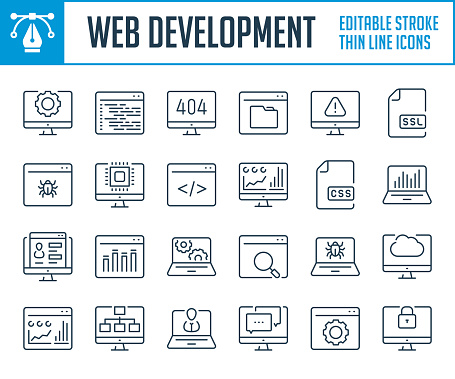 Web development and Application thin line icons. Software, Coding and Programming outline icon set. Editable stroke icons.