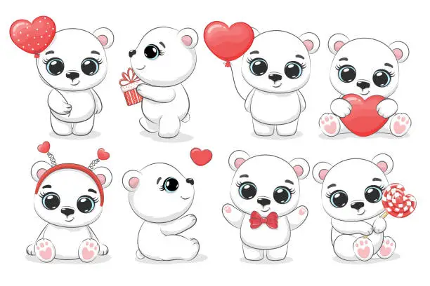 Vector illustration of A collection of cute polar bears for the holidays, Valentine's Day. Cartoon vector illustration.