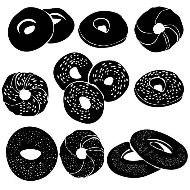 illustrazioni stock, clip art, cartoni animati e icone di tendenza di set di sagome bagel, pasticcini dolci con e senza polvere - bagel bread isolated circle