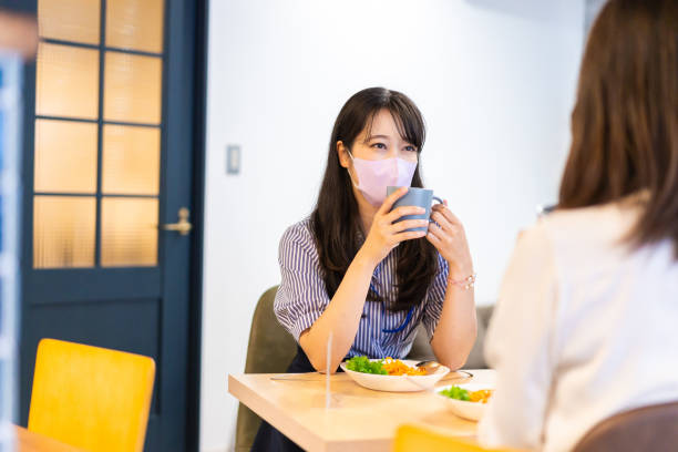 istock Two young women having lunch with mask on 1351651158
